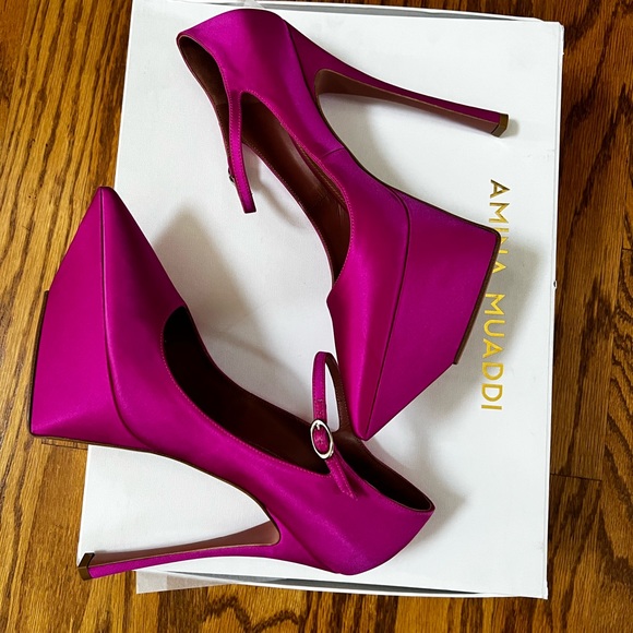 Amina Muaddi Pink Yigit Pointed Satin Platform Pumps in 40.5 - Picture 3 of 12